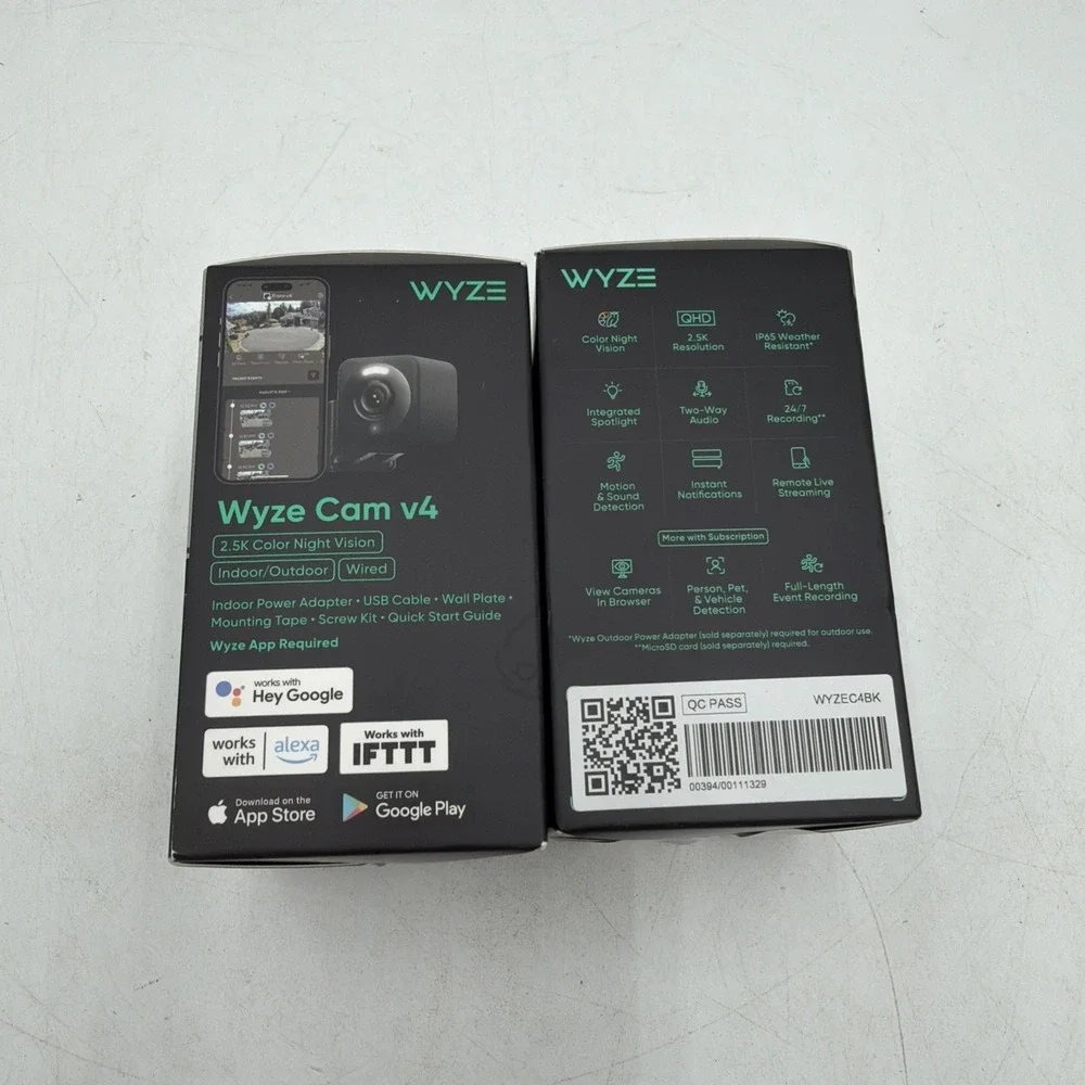 Lot Of 2 Wyze Cam V4 2.5K Color Night Vision Indoor/Outdoor Black Google Alexa